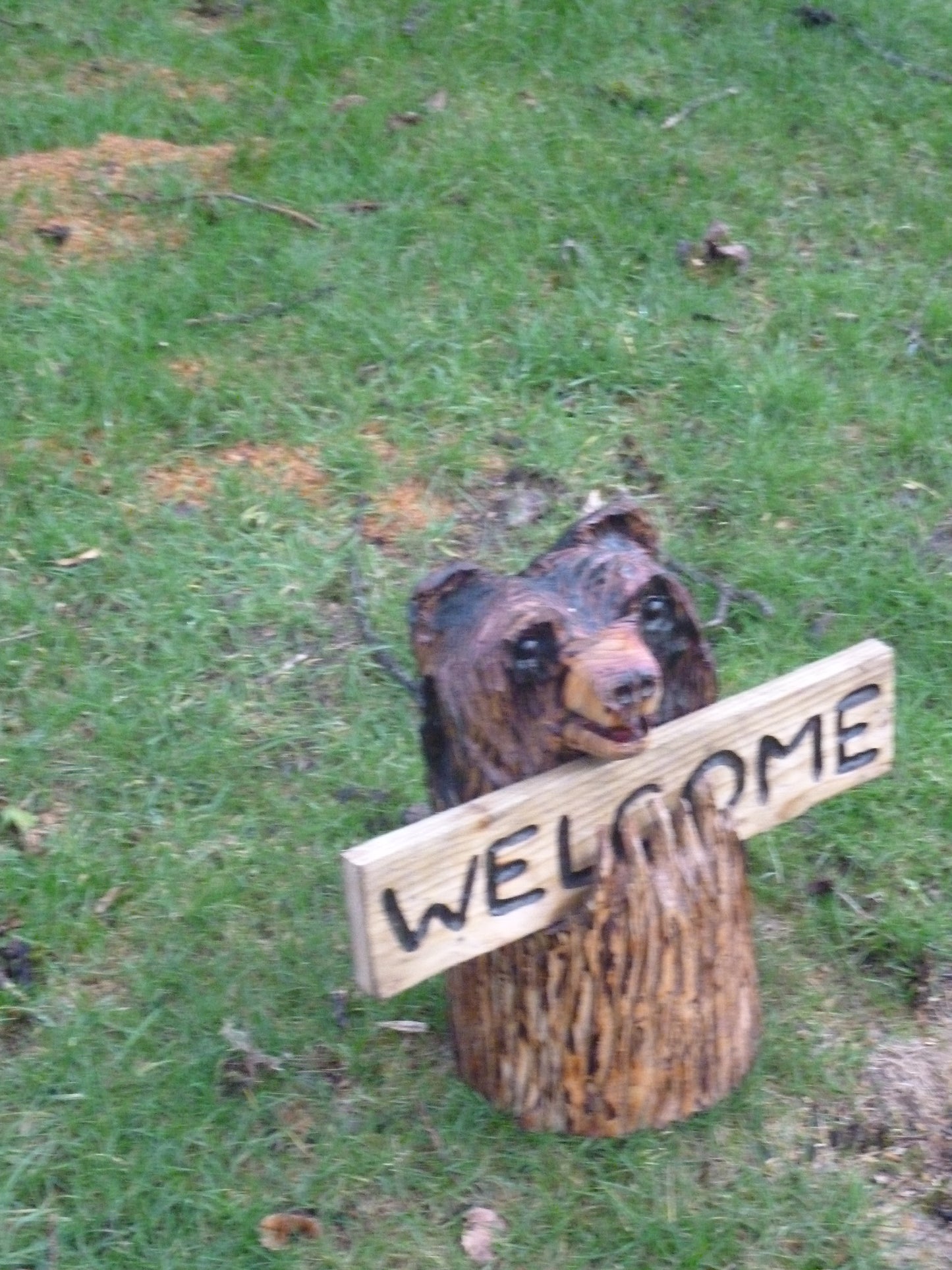 Chainsaw Carved Bear in a log with a welcome sign